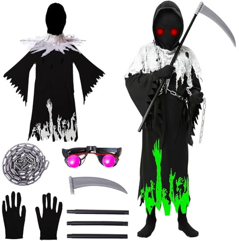 Sunwuun Halloween Sensenmann Kostüm Kinder Jungen, Leuchten Im Dunkeln Halloween Gruselig Zombie Kostüm Kinder für Jungen Cosplay Outfit Party(L)