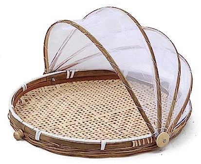 LSGGTIM Corbeille à Fruits en Bambou 35 cm Avec Cagoule Anti-Mouches - Tente Alimentaire, Panier Tressé Pour Nourriture, Pain, Légumes - Protection Anti-Mouches Incluse