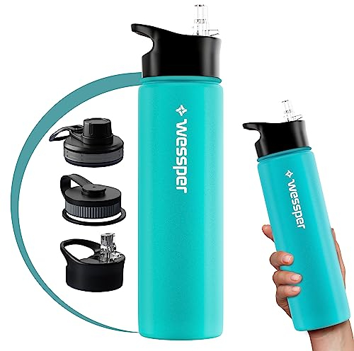 Wessper Botella de agua de acero inoxidable, termo para deportes y exteriores con 3 tapas de repuesto, botella para bebidas calientes y frías, sin BPA, 700 ml, azul marino