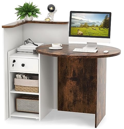 COSTWAY Reception Desk, Front Counter Desk with Lockable Drawer and Adjustable Shelf, Corner Cashier Retail Checkout Table Computer Desk for Beauty Salon Lobby Shop Office (White+Rustic Brown)