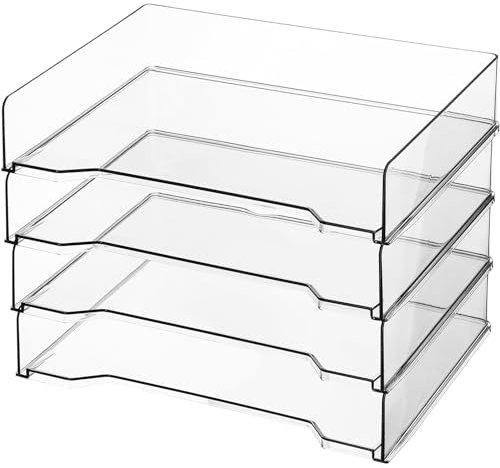 DoubleFill 4 Pcs Stackable Letter Tray Rectangular Plastic Desk Organizer 13 x 9.5 x 2.6 Inch Paper Holder File Tray Accessories Rack for Desktop Office Desk Classroom Drawers Magazine Storage(Clear)