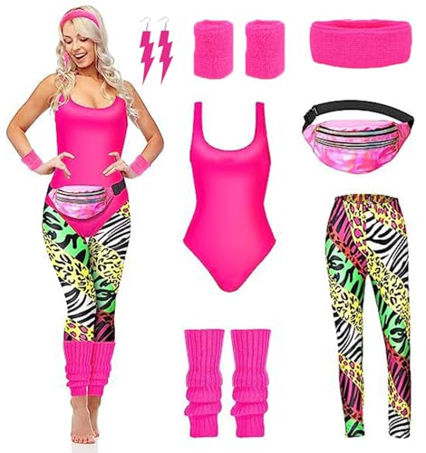 JINGTOPS Kostüm 80er Jahre Damen,90er 80er Jahre Outfit Damen Set,80er Jahre Accessoires Outfit Damen mit Leggings, Beinwärmer, Gürteltasche,80er karneval kostüm Accessoires (Rose Rot, M)