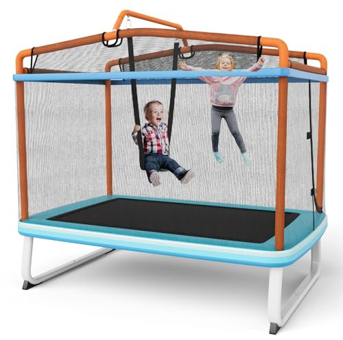 LIFEZEAL 3 en 1 Trampoline Enfant avec Balançoire Amovible & Barre Horizontale, Trampoline Extérieur 190x124x222 cm avec Charge de 100 kg, Trampoline de Fitness Intérieur (Orange)