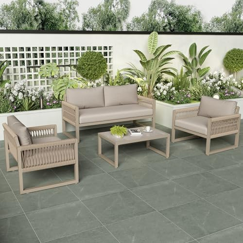 Merax Outdoor Lounge-Set,Outdoor Rattan Lounge,4-teiliges Gartenmöbel Set : Gartenmöbel aus Seil und Eisenrahmen - Komplett-Set für Entspannung im Freien Khaki