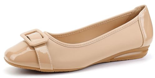 Greatonu Women's Flats Comfort Casual Square Toe Ballet Buckle Soft Walking Slip-on Dress Shoes Beige Size 8