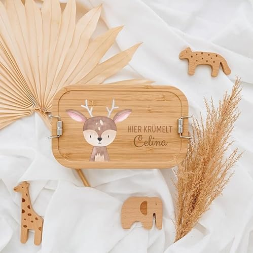 wunderwunsch® - Personalisierte Brotdose für Kinder - Robuste und Individuelle Edelstahl Brotdose mit Namen - Personalisierte Geschenke für Kinder (GROSS Edelstahl,Reh)