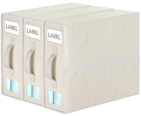 Syeeiex Bettwäsche Aufbewahrung, 3 Stück Faltbare Aufbewahrungstasche für Bettlaken, Bettwäsche Organizer mit Fenster&Etikett, Unterbett Aufbewahrungsbox für King&Queen Size Bettlaken Decken - Beige