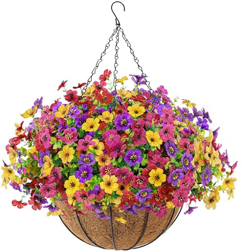 Der Rose Artificial Fake Hanging Flowers Baskets for Outdoors Spring Summer Decoration Faux Silk Colorful Daisy UV Resistant for Garden Porch Home Patio Balcony Decor