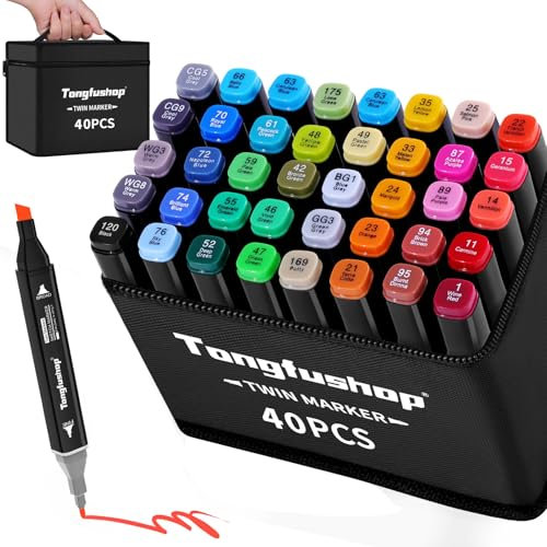 Tongfushop 40+2 Farben Filzstifte, Doppelte Spitze Marker Stifte Set, 2 Sekunde Schnell Trocknende Sketch Permanent Alkoholmarker mit Schwarzer Tragetasche und Abstandshalter für Malerei, Design
