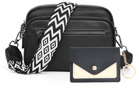 JinDouer Kleine Umhängetasche Damen Echtes Leder, Crossbody Bag Elegant mit Mehrere Fächer, Handtasche mit Abnehmbarem Modern Breitem Schultergurt, Münzbörsen für Damen Senden (Schwarz)