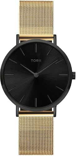 TORII Damenuhr Schwarz Edelstahl - rund Quarz B34GS.BB Milanaise-Armband Strichindizes wasserdicht 50 m