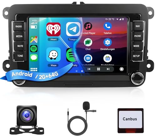 Rimoody 2G+64G Android Radio de Coche para VW Golf 5 6 Passat Polo Tiguan Touran Caddy Skoda Seat 7 Pulgadas Wireless Carplay Radio Coche con Android Auto GPS Navi WiFi Bluetooth FM/RDS Cámara Trasera