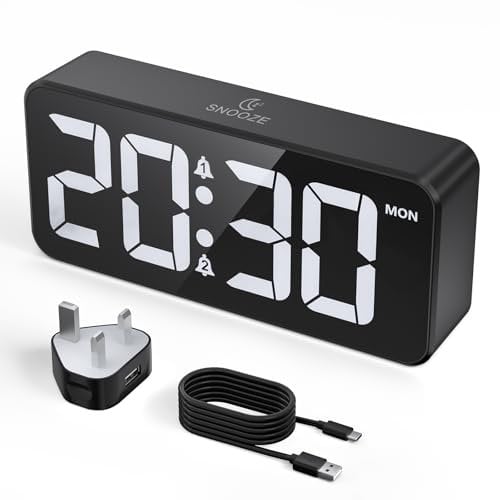 CHEREEKI Alarm Clock Bedside Mains Powered, Digital Clock with Large LED Display, Dual Alarm, Snooze, 10 Ringtones, 3 Alarm Schedule, Adjustable Brightness and Volume, USB Charging Port, 12/24H