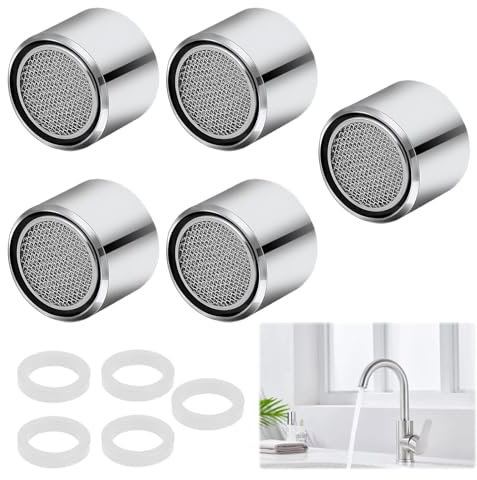 Tap Filter Nozzle,5 Pcs Tap Aerator 22mm Female with 5 Pcs Sealing Gasket,Kitchen Tap Aerator,Chrome Plated Brass Tap End Nozzle Replacement Suitable for Kitchen Shower Sink Hose