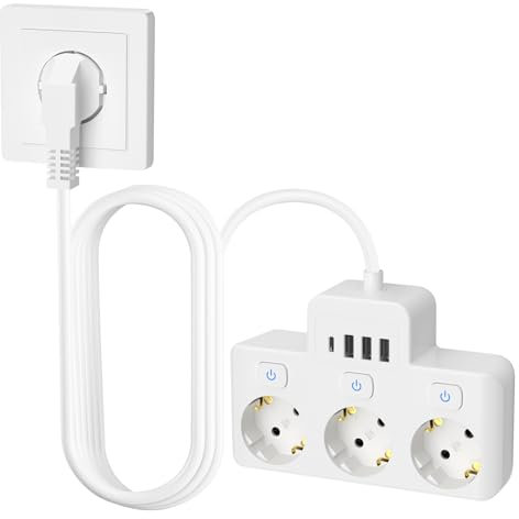 WIYETY Regleta de 3 enchufes, conmutable individualmente, regleta con enchufe de distribución, con 3 USB + tipo C (5 V/3,4 A), protección infantil, cable de 1,5 m, 4000 W/16 A, regleta segura para