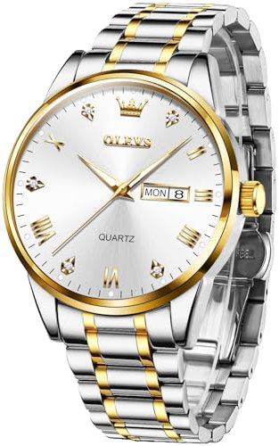 OLEVS Herrenuhr Gold Silber Edelstahl Band Analoger Quarz Herren Armbanduhr Weiß Großgesicht Lässig Luxus Diamanten Uhr für Herren Klassisches Leuchtend Wasserdicht Tag Datum Herrenuhren
