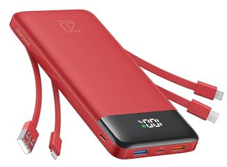 Charmast 20000mAh Power Bank with built-in Cables,Fast Charging 20W PD QC 6 Out 4 In Quick Charge Portable Charger USB C Battery Pack compatiable with iPhone Tablets Smartphones etc. (Flame Red)