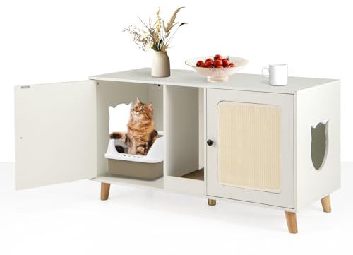 COSTWAY Meuble Litiere Chat en Bois, Cache Litiere Chats 3 en 1, 2 Portes avec Tapis à Griffer Amovible, Planche à Griffer, 2 Trous Latéraux, Maison de Toilette Chat,108 x 50 x 60 cm (Blanc)