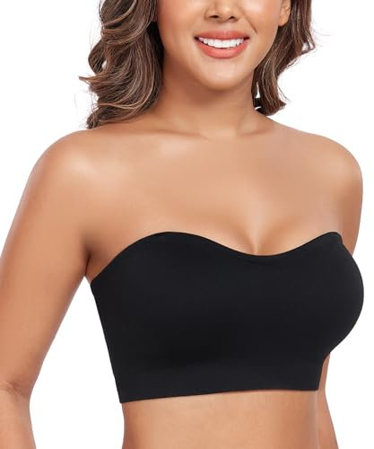 Curyon Strapless Bra Non-Slip Supportive Multiway Bandeau Tube Bra Padded Wirefree Seamless Removable Pads Adjustable Clear Straps Black L