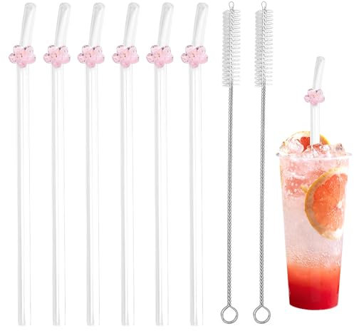 6PCS Glass Straws, Glass Straws Reusable, Clear Glasses Straw with Bows, Reusable Bent Straws with 2 Cleaning Brush for Smoothie, Milk, Coffee, Cocktail, Water, Juice (Style 2)