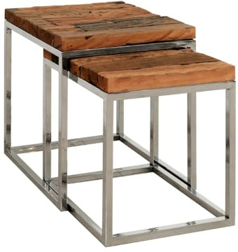 WOLF MÖBEL WOOD YOU LIKE Sleeper 2-Set Tisch, Beistelltische mit Glasplatte 6mm, recyceltes Altholz massiv