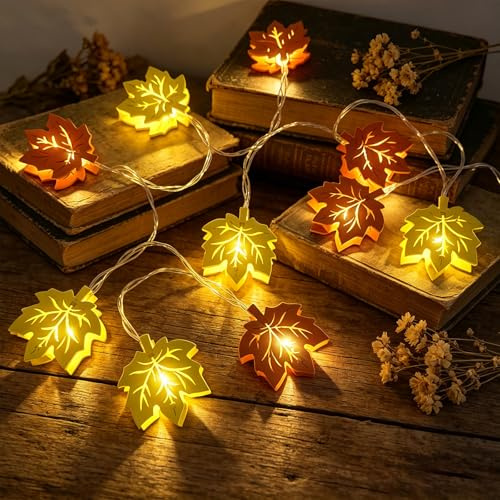 CHENBOOW Herbstdeko Beleuchtung Holz,Herbstdeko Fenster Hängend 1.5M,Herbst Dekoration,LED Ahornblätter Lichterkette,Herbstdeko Ahornblatt Lichterkette Innen aus Holz,für Draußen Innen