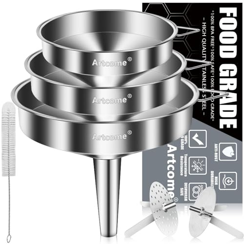 Artcome 3 Pcs Stainless Steel Kitchen Funnel Set, Food Grade 3-in-1 Metal Funnel, Ideal for Transferring of Liquid, Sauce, Jam, Particles & Powder - Dispensing Funnels with Strainers - Dish-Wash Safe