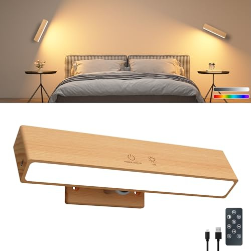 DetarZinLED Wandleuchte Akku Fernbedienung & Touch Buchenholz | Wandlampe Ohne Bohren, Bett Leselampe, Dimmbar, 3 Farbmodi & RGB, Magnetisch, 360° Drehbar, Schlaf/Wohnzimmer, Aufladbar