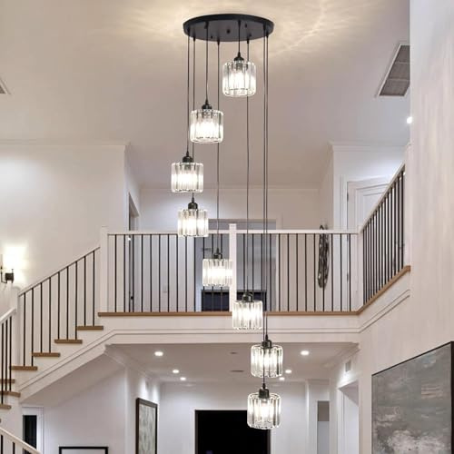 Modern crystal chandelier, raindrop ceiling light, adjustable high ceiling pendant Suitable for farmhouses, spiral staircases, living rooms, and entrance halls (8 Lampen)