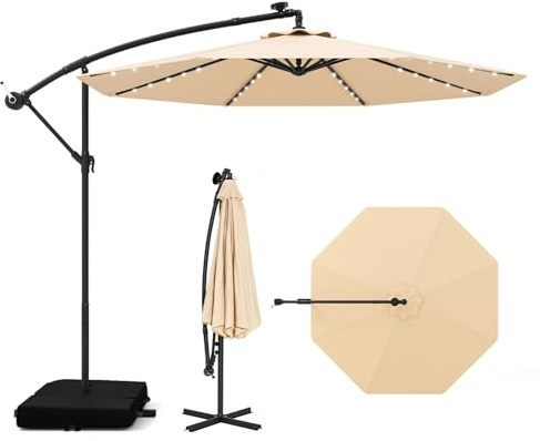 COSTWAY 350 cm Sonnenschirm mit Ständer und LED-Leuchten, Ampelschirm mit Kurbel, Gartenschirm, UV-Schutz, Marktschirm, Terrassenschirm für Garten, Pool, Terrasse (Beige)