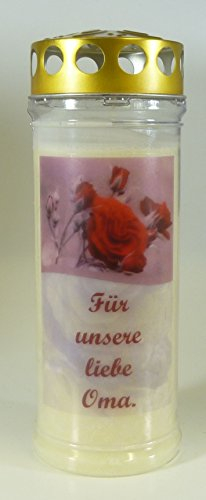 Grabkerze Oma mit Spruch und Motiv Rose, (21x7,5 cm) Grablicht mit 7 Tage Brenndauer (3816), Wetterfestes Trauerlicht mit Deckel, Hochwertige Trauerkerze, Edle Gedenkkerze aus Deutschland