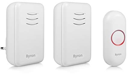 Byron DBY-22314 Funk-Türklingel-Set, 16 Melodien & bis zu 150 m Reichweite, bis zu 6 Klingeln anschließbar, 5 Stufen Lautstärke, Klingel mit Batterie und für die Steckdose, Klingeltaster mit Batterie