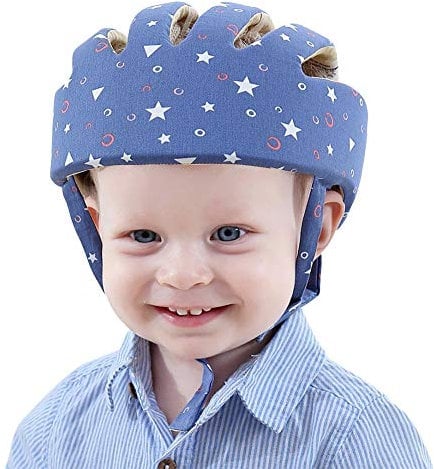 Baby Helm, Kleinkind Schutzhelm, Säugling Atmungsaktiv Sicherheit Kopfschutz Mütze Kinder Anti-Kollision Baumwolle Hut Verstellbarer Kopfschutzkappe Schutzhut(Stern Blau)