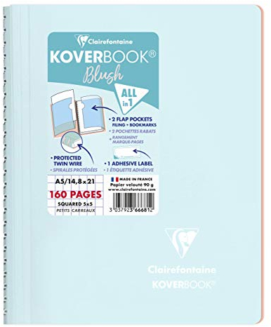 Clairefontaine 366681C Un Carnet à Spirale Koverbook Blush - A5 14,8x21 cm - 160 Pages Petits Carreaux - Papier Blanc 90 g - Couverture Enveloppante Polypro Opaque - Couleur Aléatoire