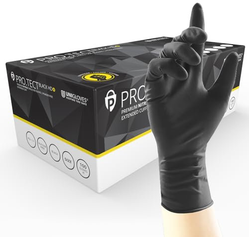 Unigloves PRO.TECT Black HD+ Nitrile Extended Cuff Disposable Gloves - Ultra Heavy Duty, Single Use, Multipurpose, Powder Free, Box of 100 Gloves, Size Large (GA0074)