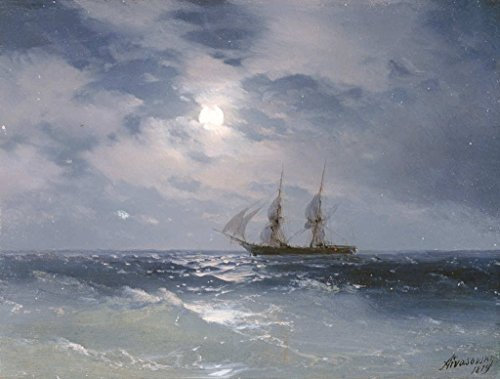 kunst für alle Kunstdruck/Poster: IWAN Konstantinowitsch Aiwasowski Segelschiff auf ruhiger See bei Mondlicht - hochwertiger Druck, Bild, Kunstposter, 55x40 cm
