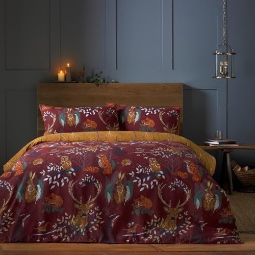 furn. Forest Fauna Woodland Duvet Set – Reversible Nature Inspired Bedding with Animal Print, Soft Polycotton, Machine Washable (Rust – Double)