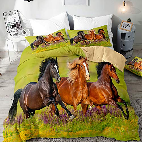 Morbuy Set di Biancheria da Letto di Cavallo Stampa, 3D Set Copripiumino in Microfibra con Federa e Copripiumini a Cerniera per Letto Singolo Matrimoniale King (Cavallo Prairie,220x240cm)