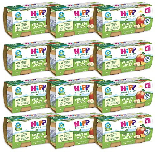 HiPP - Omogeneizzato di Frutta Biologico per Neonati, Gusto Frutta Mista, con Mela, Pesca e Banana, 100% Frutta, 24 Vasetti da 80 g