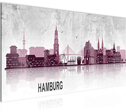 Runa Art Wandbild Hamburg 1 Teilig 100 x 40 cm Modern Bild auf Vlies Leinwand Städte Wohnzimmer Schlafzimmer Grau Rot 035912c