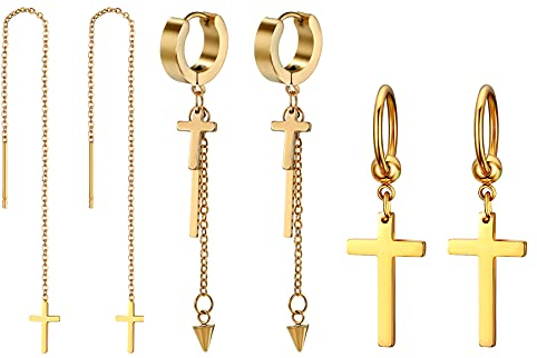 OIDEA Damen Herren Kreuz Ohrstecker Set, Creolen Lange Ohr Kreuz Anhänger Ohrpiercing Ohrringe, Gold