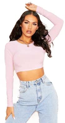 STAR FASHION Women’s Long Sleeve Crop Top Ladies Round Neck Cropped T-Shirt Short Mini Shirt Plain Printed Tops Baby Pink-8-10