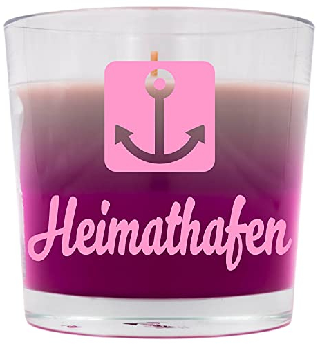 WB wohn trends Duft-Kerze mit Spruch, Heimathafen Anker, 9x9,5cm rosa pink grau, frischer Sommer-Duft Duft-Windlicht