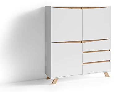 byLIVING Highboard Valentin/großes Sideboard Artisan Eiche hell-brau mit weiß/Wohnzimmer-Schrank mit 3 Türen und 3 Schubkästen/im Scandiy-Style/Grifflos/B 120, H 142, T 38 cm