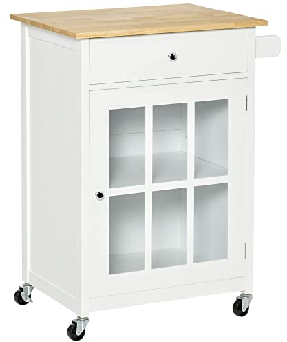 HOMCOM Desserte de Cuisine à roulettes Multi-Rangement - Placard Porte vitrée avec étagère réglable, tiroir, Porte-torchon - Blanc Aspect chêne Clair