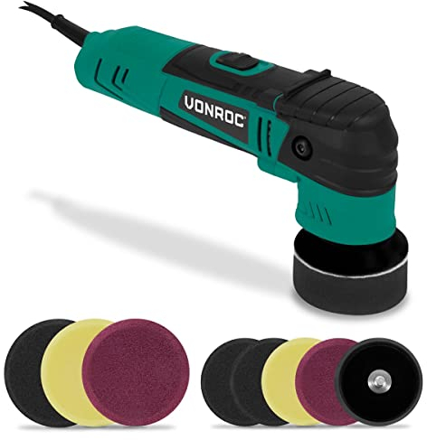 VONROC Pulidora de doble acción 400W - Ø50 y Ø75MM - Incluye 2 platos de apoyo y 8 almohadillas de pulido - electrónica de arranque suave - electrónica de potencia constante