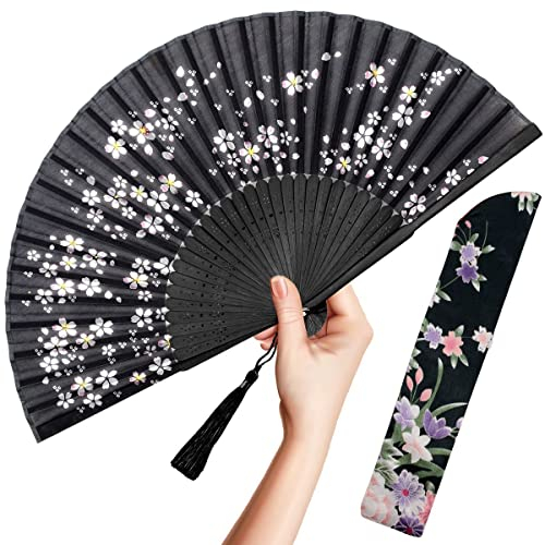 OMyTea Folding Hand Fan for Women - Foldable Chinese Japanese Vintage Bamboo Silk Fan - for Hot Flash, Church, Decoration, EDM, Music Festival, Dance, Party, Performance, Gift (Black Little Sakura)