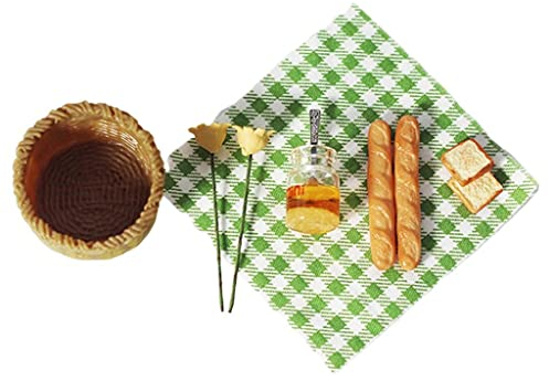 predolo 1/12 Lebensmittel Miniatur Dekor Puppenhaus Miniatur Lebensmittel Brot Im Korb & Picknick Tuch Set für Puppenhaus Dekoration Spielzeug Display Requisi, Grünes Plaid