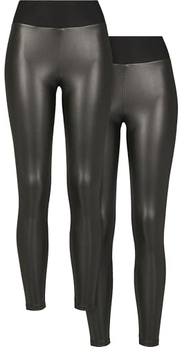 Urban Classics Damen Leggings Ladies Faux Leather High Waist Leggings 2-Pack Black+Black 5XL
