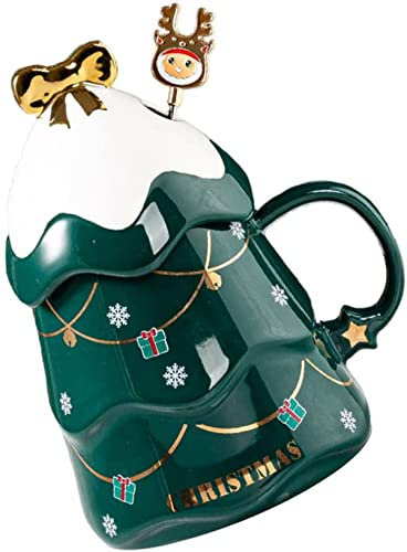 Christmas Tree Mug Christmas Ceramic Mug Ceramic Coffee Mug with Lucky Bow Lid Cover and Reindeer Stirrer Xmas Gift